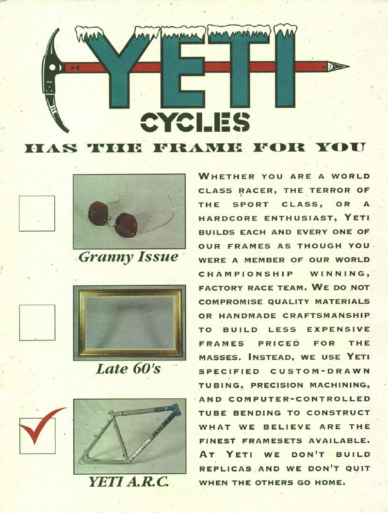 Yeti 1993 catalog cover